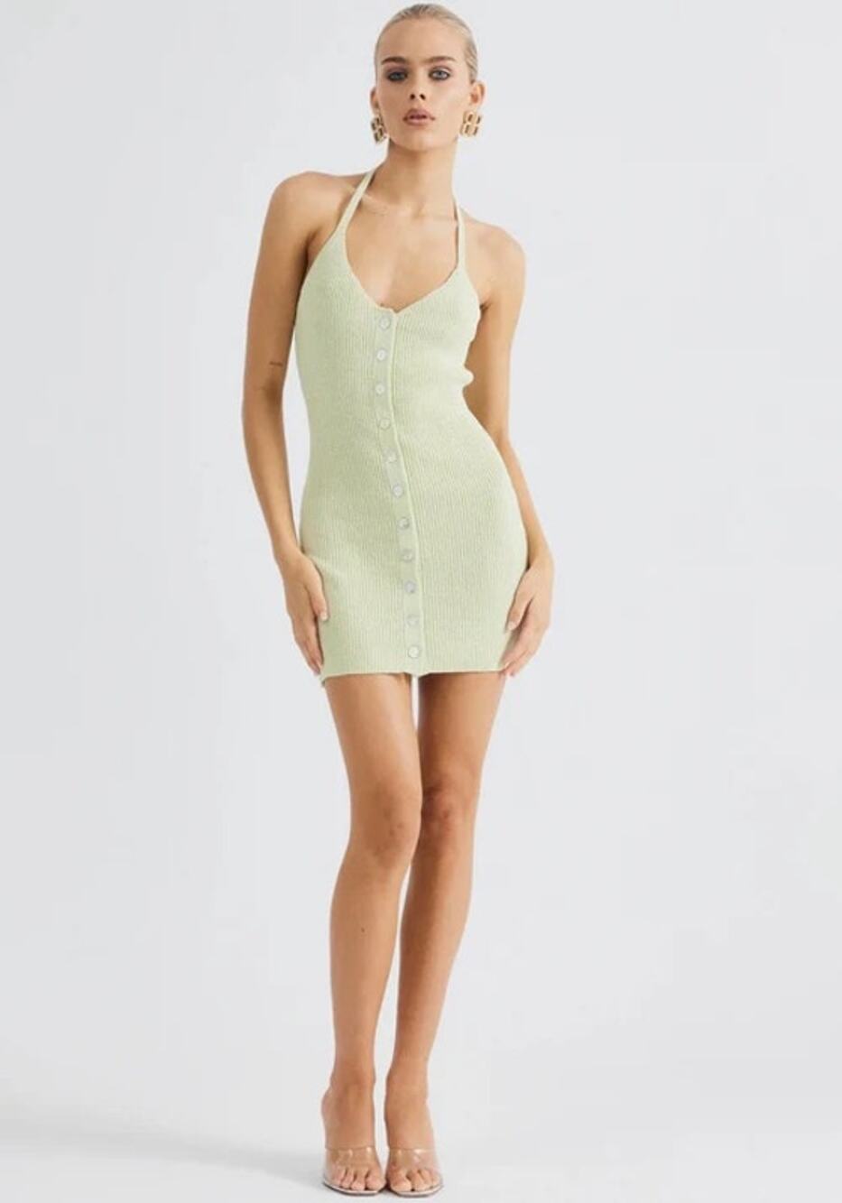☀️SALE☀️ Sndys | Sage Green Knit Halter Bodycon Dress XL  Button Front Mini
